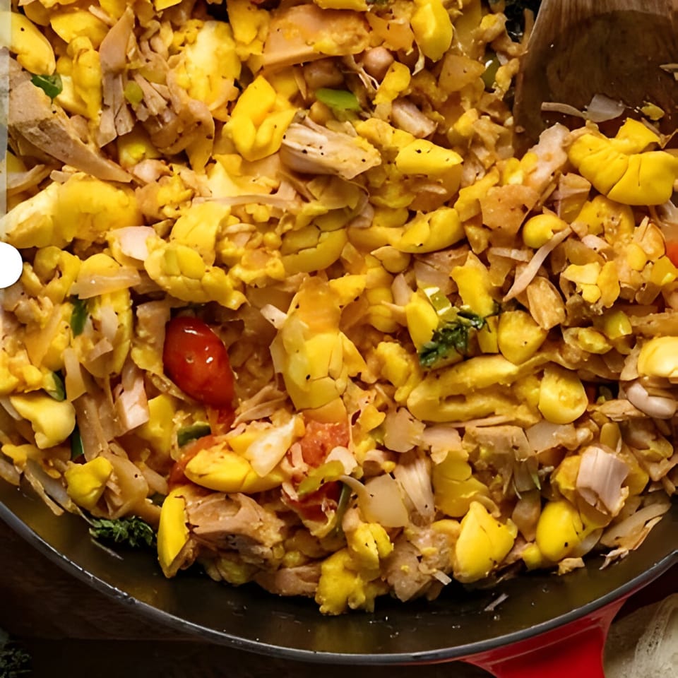 Close-up of Jamaican ackee and saltfish with vegetables in a red skillet.
