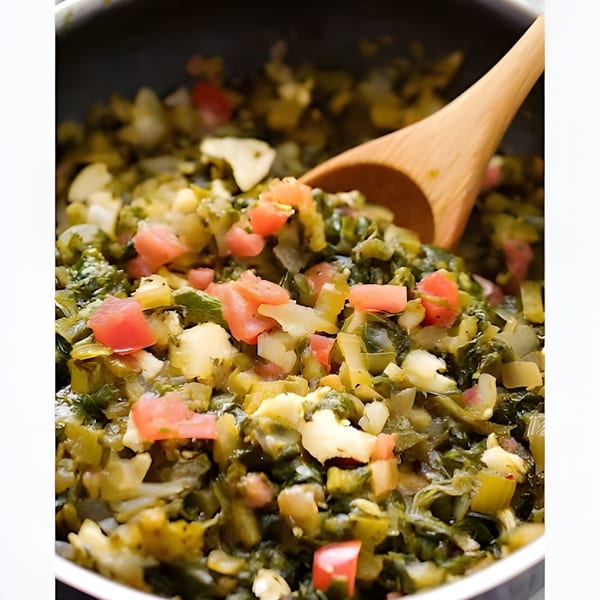 Close-up of Jamaican callaloo with diced tomatoes and a wooden spoon in a pot.