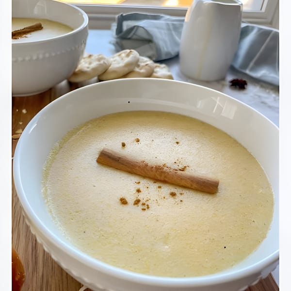 Two bowls of Jamaican porridge with cinnamon sticks, alongside biscuits and a white pitcher.